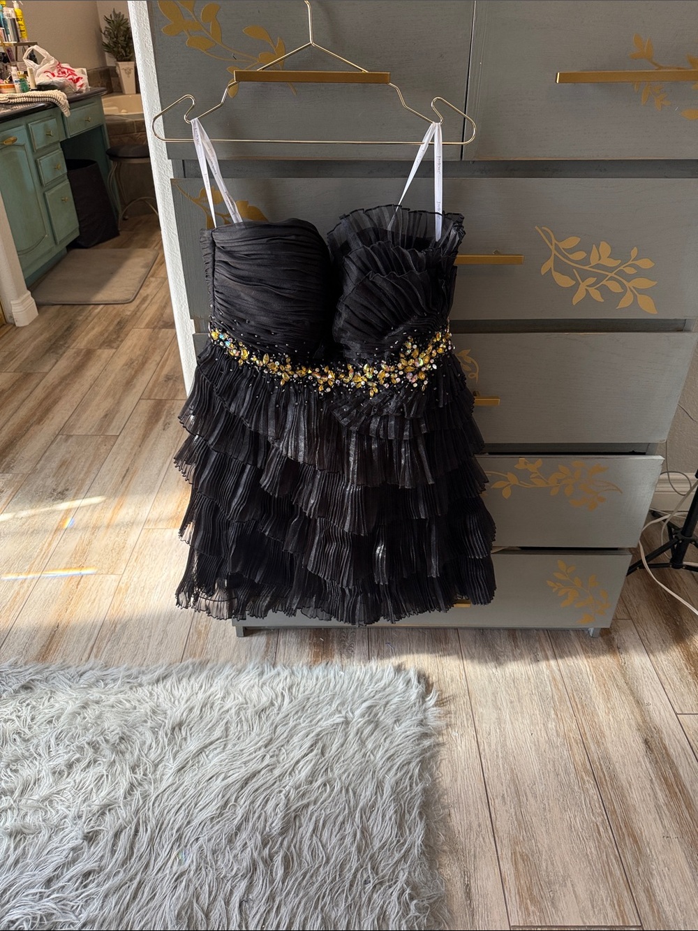 Tony Bowls Black Tiered Ruffle Cocktail Dress with Gold & Silver Beading